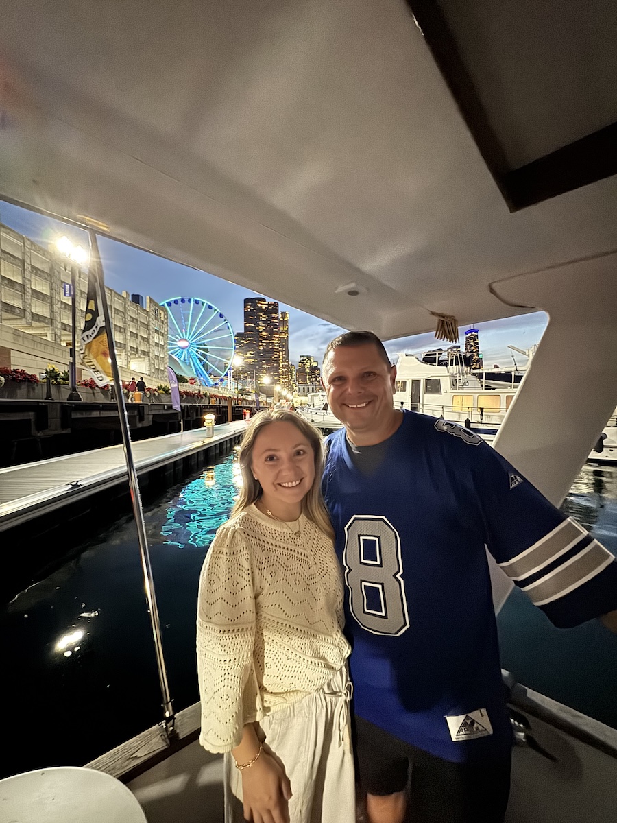 Karlys Dad visiting the boat after the Bears vs Cowboys game