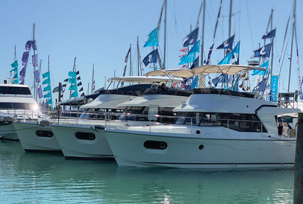 Three sizes of trawlers at the Miami Boat Show